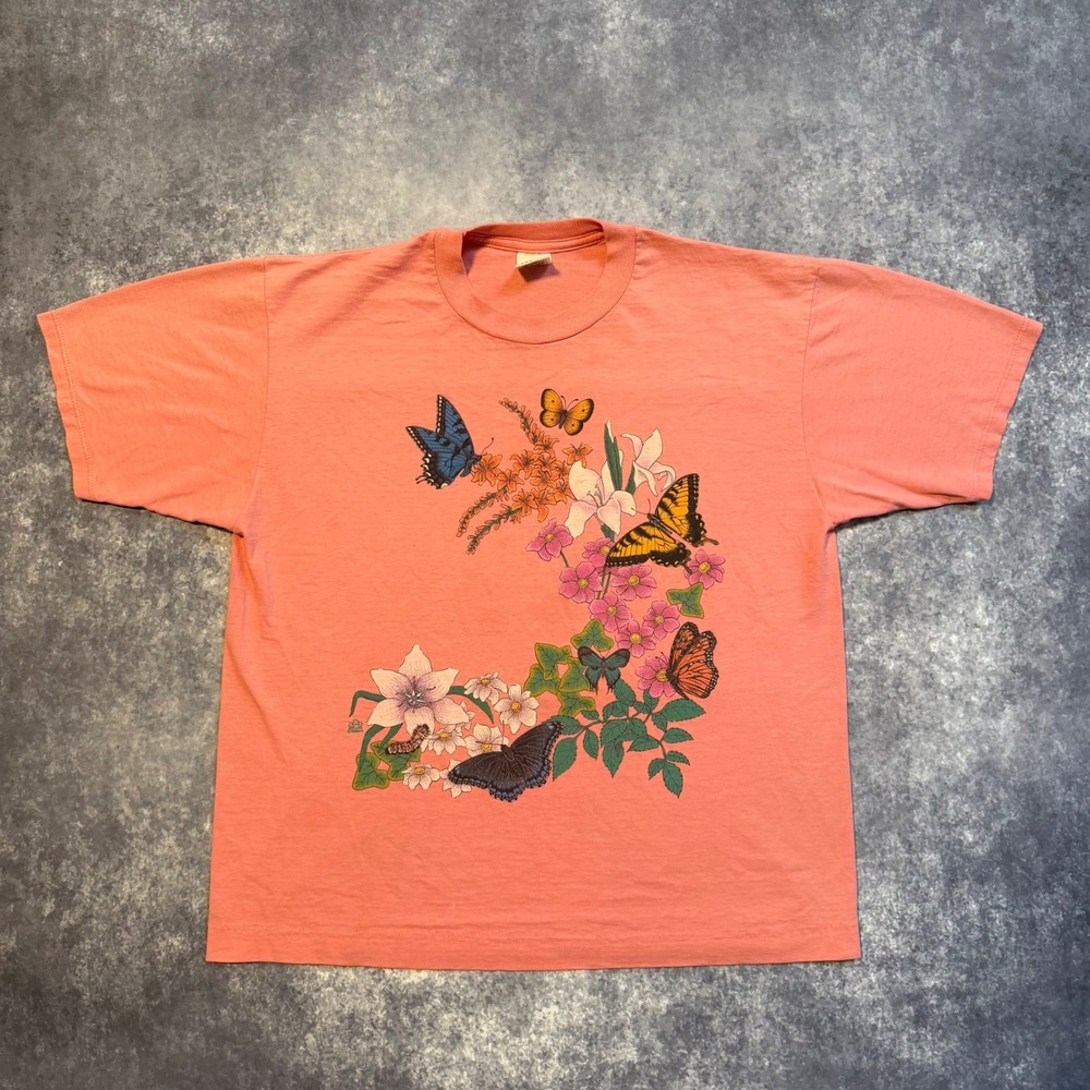 Vintage Butterfly Floral T-Shirt Peach Pink Large 1994 USA Cotton Grove Designs